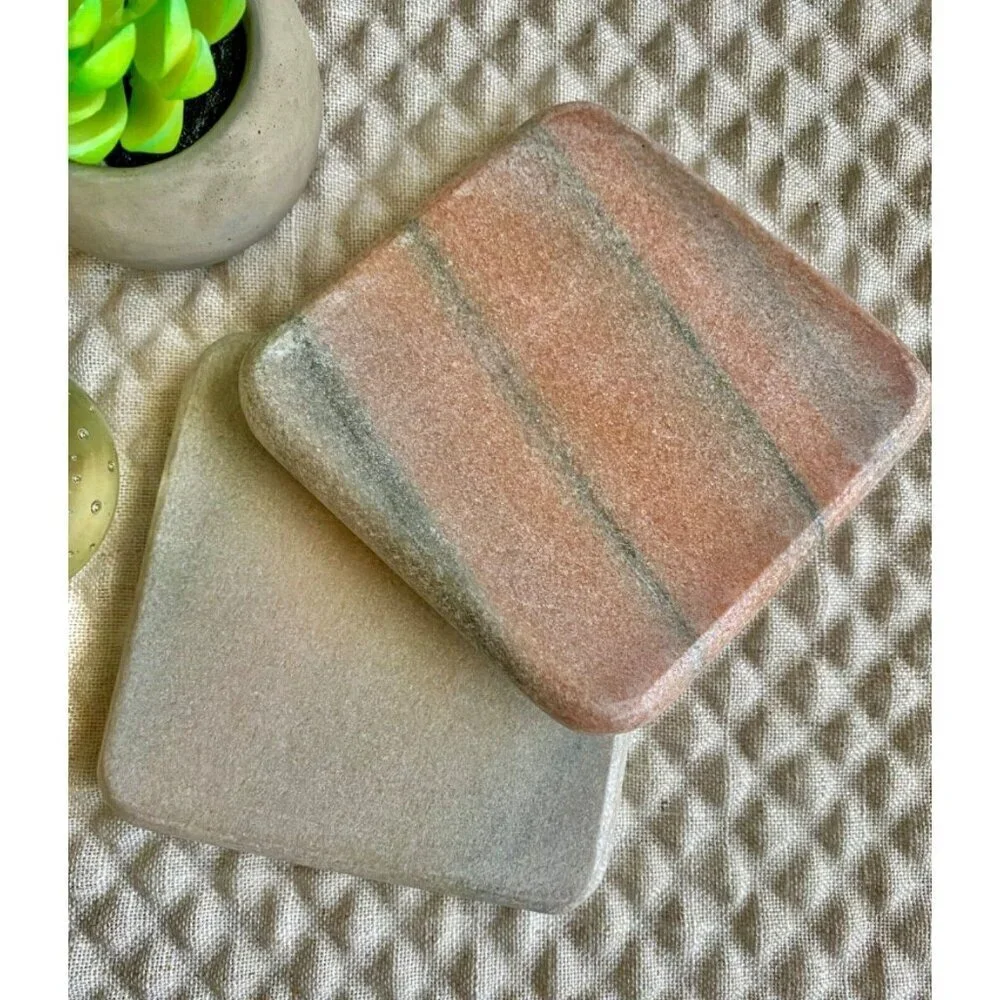 New Natural Marble Pink-Peach & Gray Square Chunky Stone Coasters Set of 2